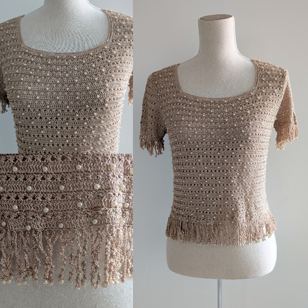 Vintage Melanie Lyne Crochet Fringe Top With Pearls